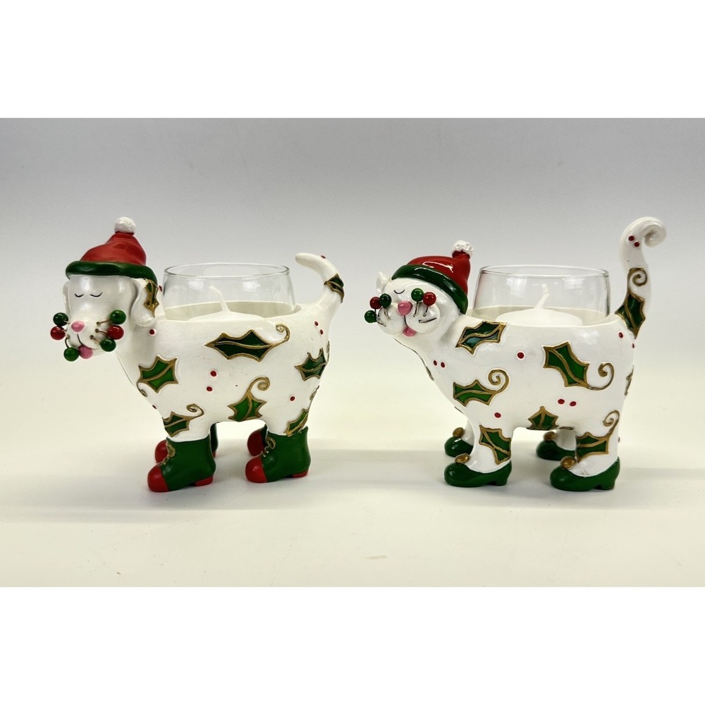 Ganz N Tonawy Christmas Cat Dog Votive Holders Set Holly Glass Cups Candles
